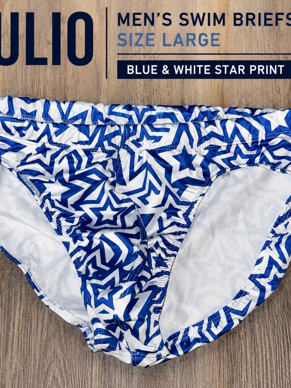 TULIO Men’s Large Blue White Star Print Swim Briefs Drawstring Swimsuit